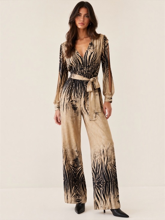 cameo Pants - Cameo Zebra Animal Print Long Sleeve Belted Wide Leg Jumpsuit Beige Black